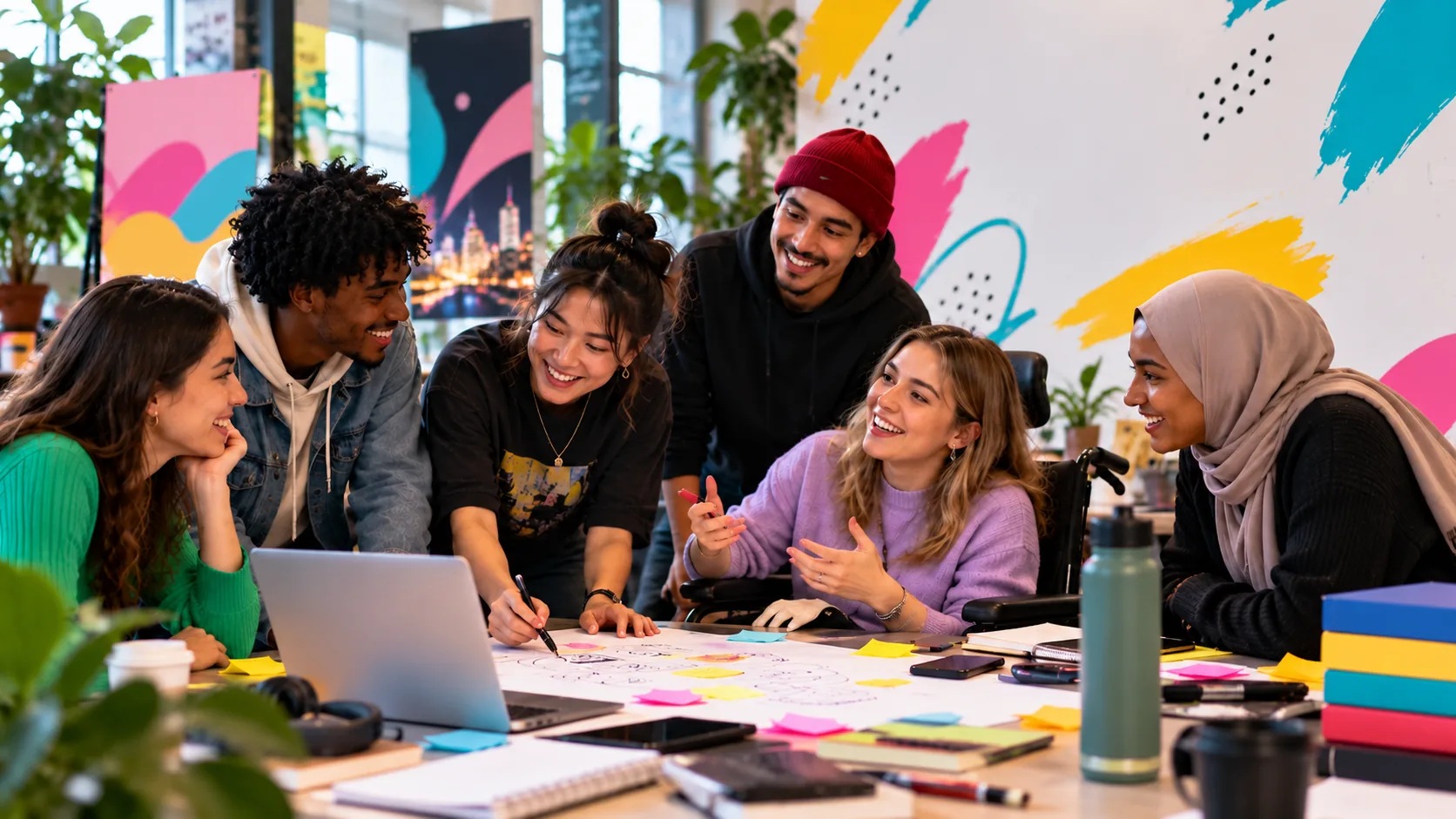 Een diverse groep lachende studenten overlegt rond een tafel vol post-its, een laptop en designboeken. Op de kleurige muur erachter staan brushstrokes in geel, roze en turquoise.